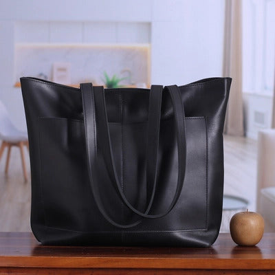 Black High Quality Genuine Leather Tote Bag with outside pockets